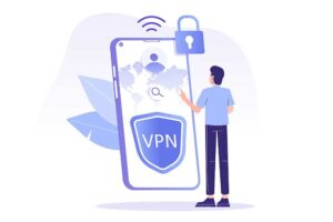 An image featuring a drawn person standing in front of a phone with a security lock and a VPN logo on it representing VPN concept